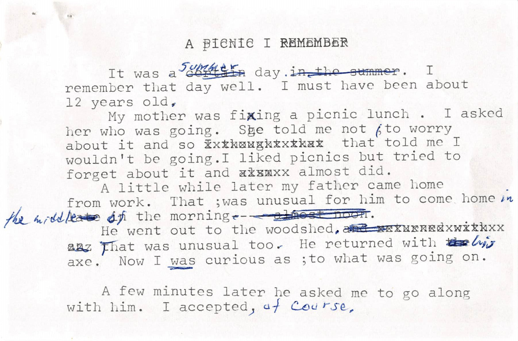 Dad's Typed & Edited Version of the Picnic Story& ink edits.Pg 1 only The Picnic Story in Dad's Writing